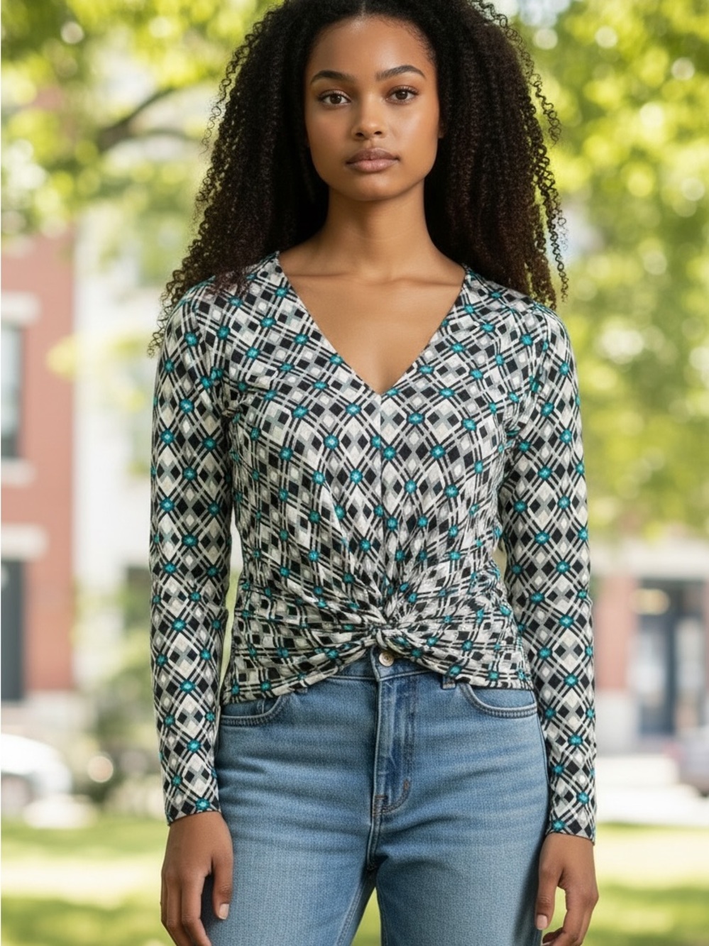 East 5th Geometric Diamond Print Twist Front V-Neck Top - Teal/Black/White